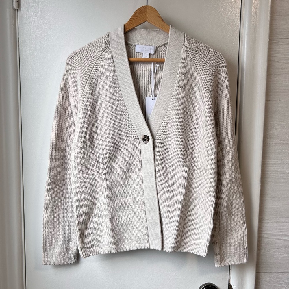 White Label Ribbed Cotton Cardigan Oyster